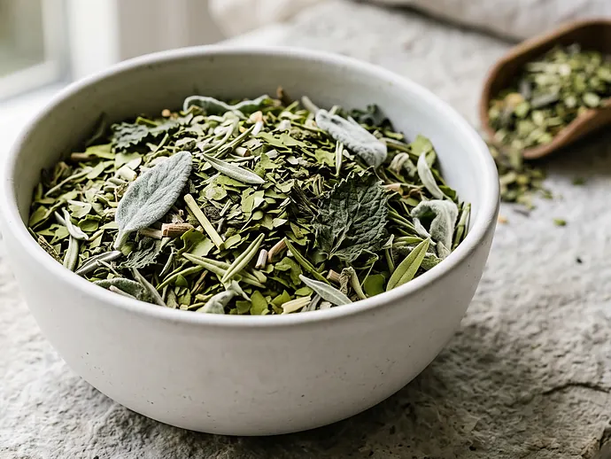 Bol de cerámica con un blend de hoja verde —menta y boldo mezclados con la yerba—, apoyado sobre una piedra clara.