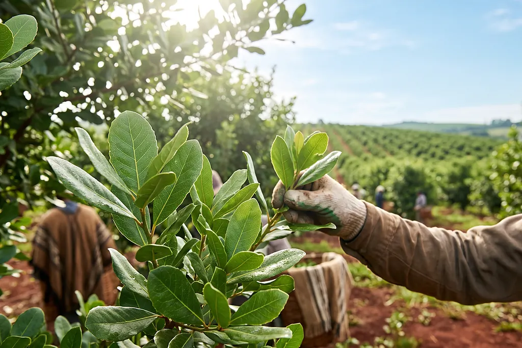 La cosecha en la chacra: una mano con guante corta una rama de yerba y detrás siguen las hileras del yerbal.